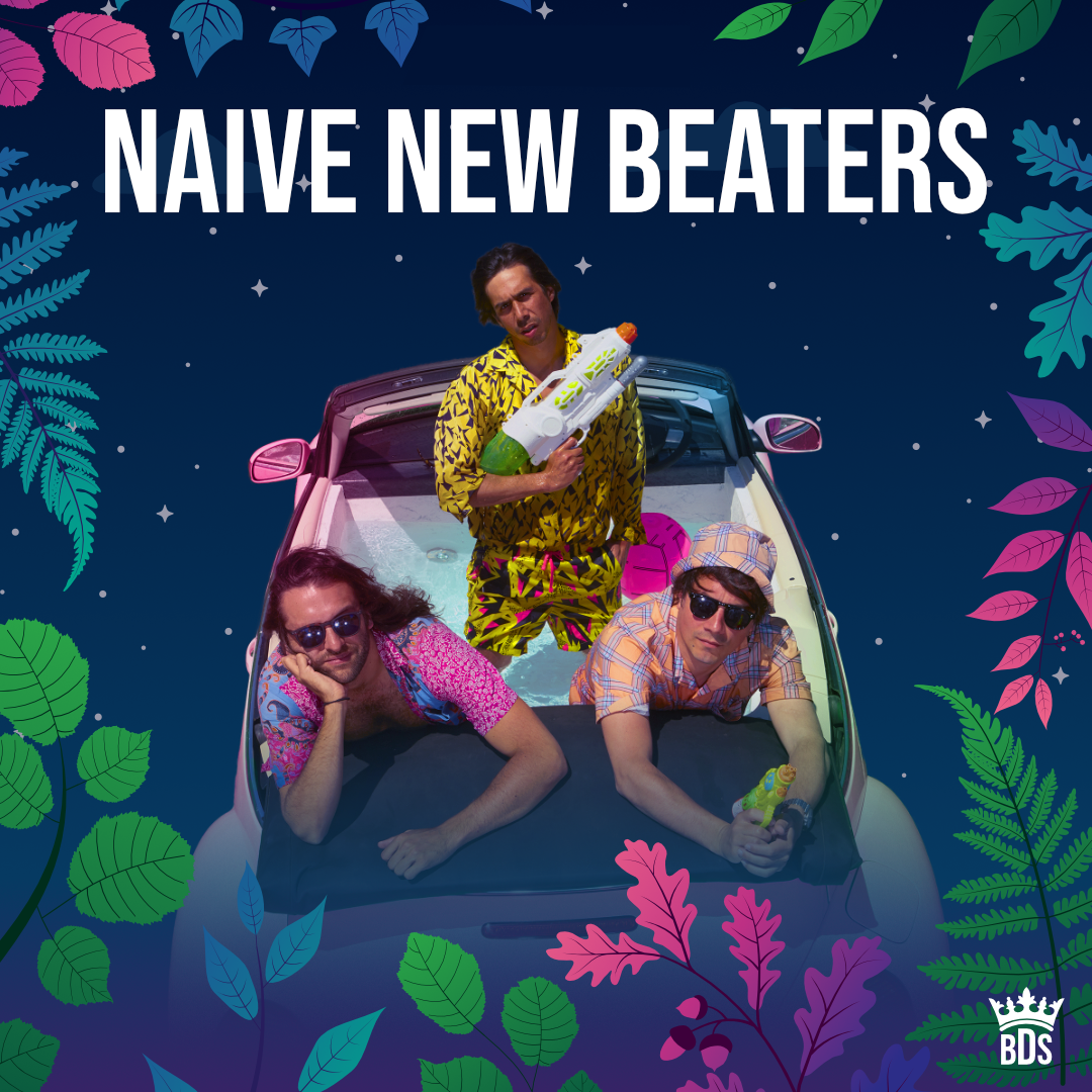 Trois personnes avec les visages floutés, habillées en vêtements colorés, assises sur une voiture, entourées de feuilles tropicales colorées avec le texte ‘NAIVE NEW BEATERS’ et le logo ‘BDS’ en arrière-plan étoilé.