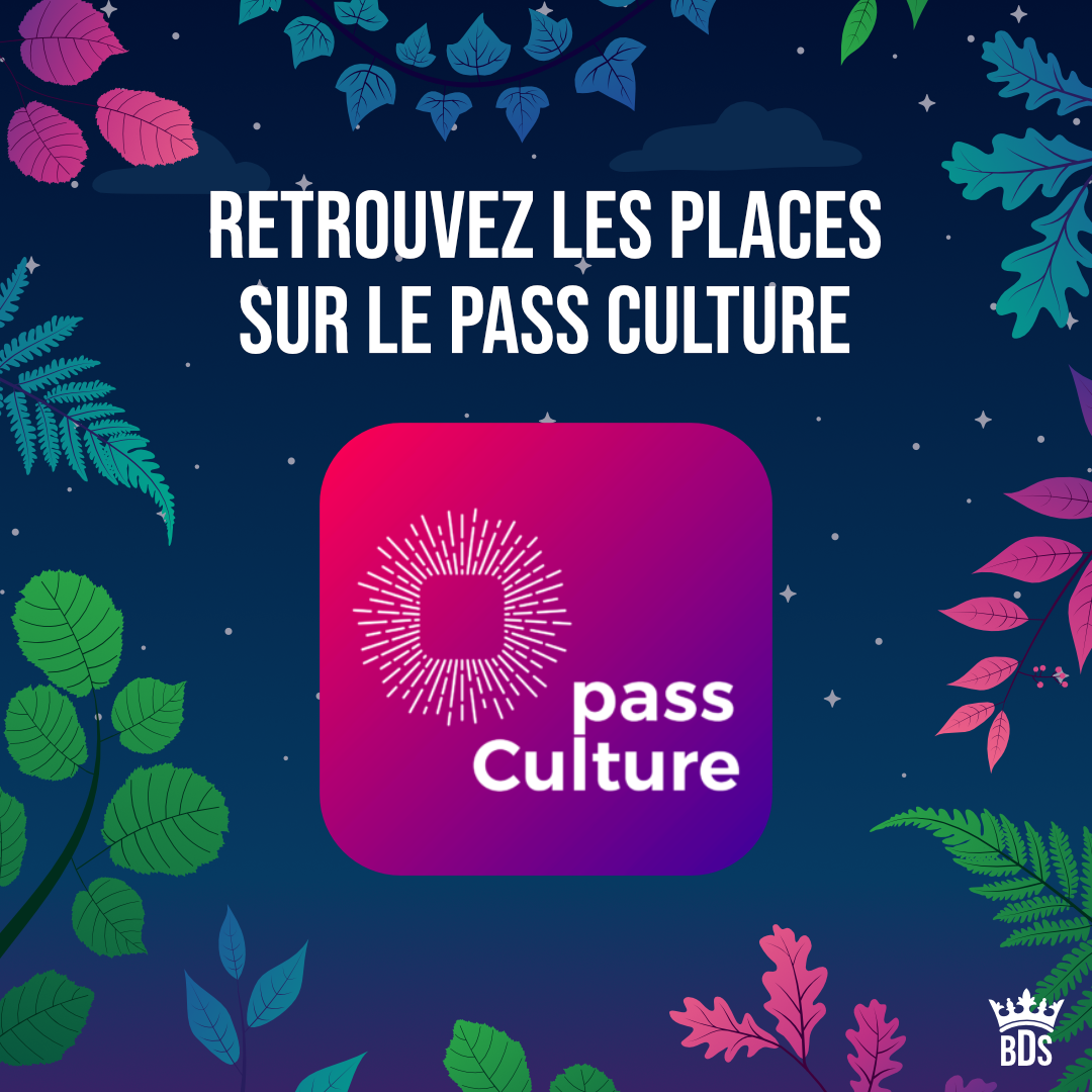 Logo violet du Pass Culture sur un fond bleu nuit étoilé, entouré de feuilles colorées, avec le texte ‘Retrouvez les places sur le Pass Culture’ en blanc.