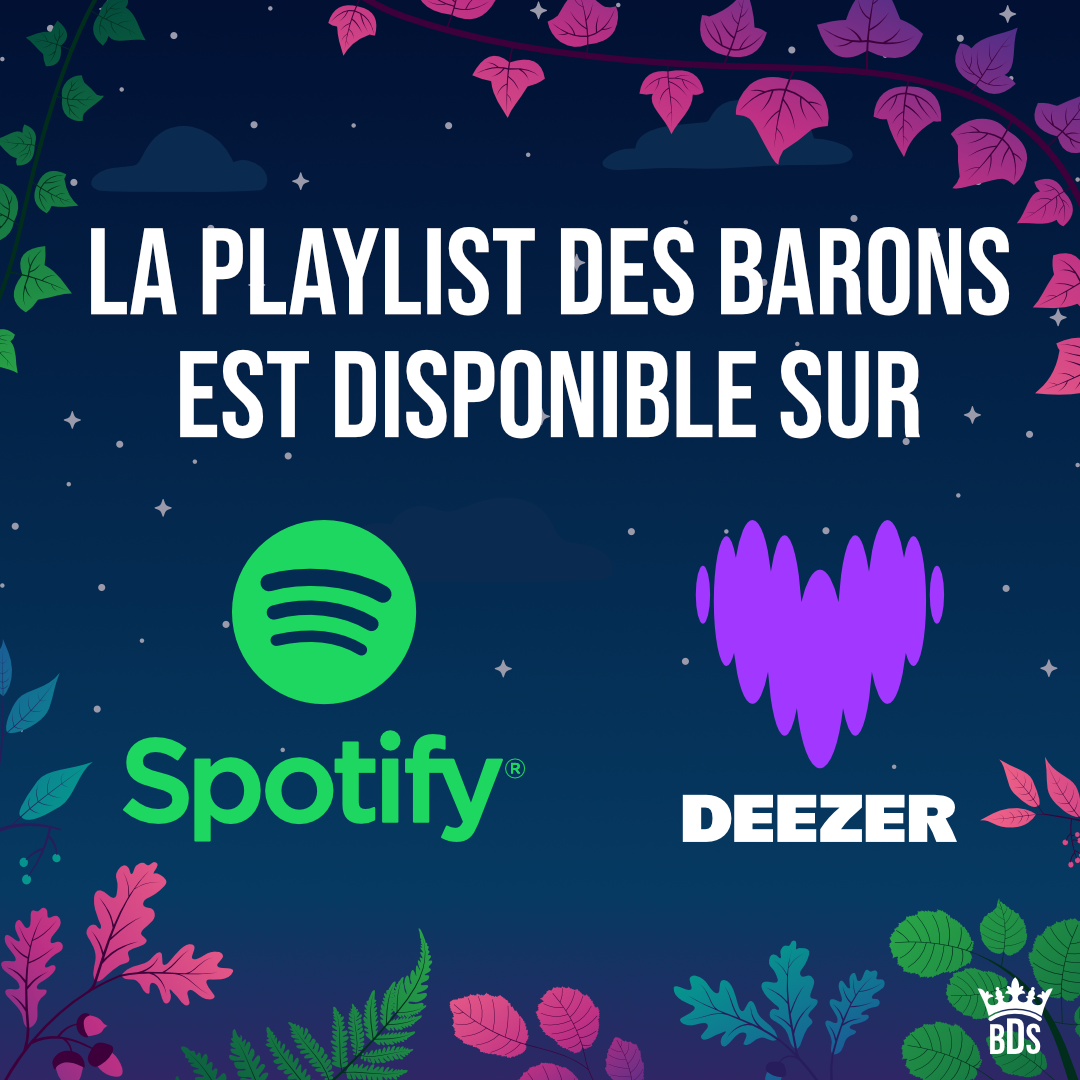 Annonce de la playlist des Barons disponible sur Spotify et Deezer, avec un arrière-plan nocturne étoilé et des feuilles colorées.