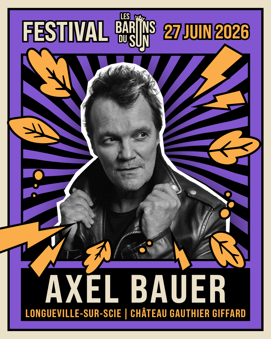 Axel Bauer sur scène, guitare en avant, lumières puissantes.